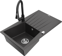 Mexen Cesar granitový dřez 1-komorový s odkapávačem a kuchyňskou baterií Elia, černý tečkovaný - 6514-76-670101-70