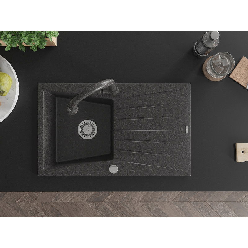 Mexen Cesar granitový dřez s jednou komorou a odkapávačem a kuchyňskou baterií Elia, černý s postříkáním - 6514-76-670101-76