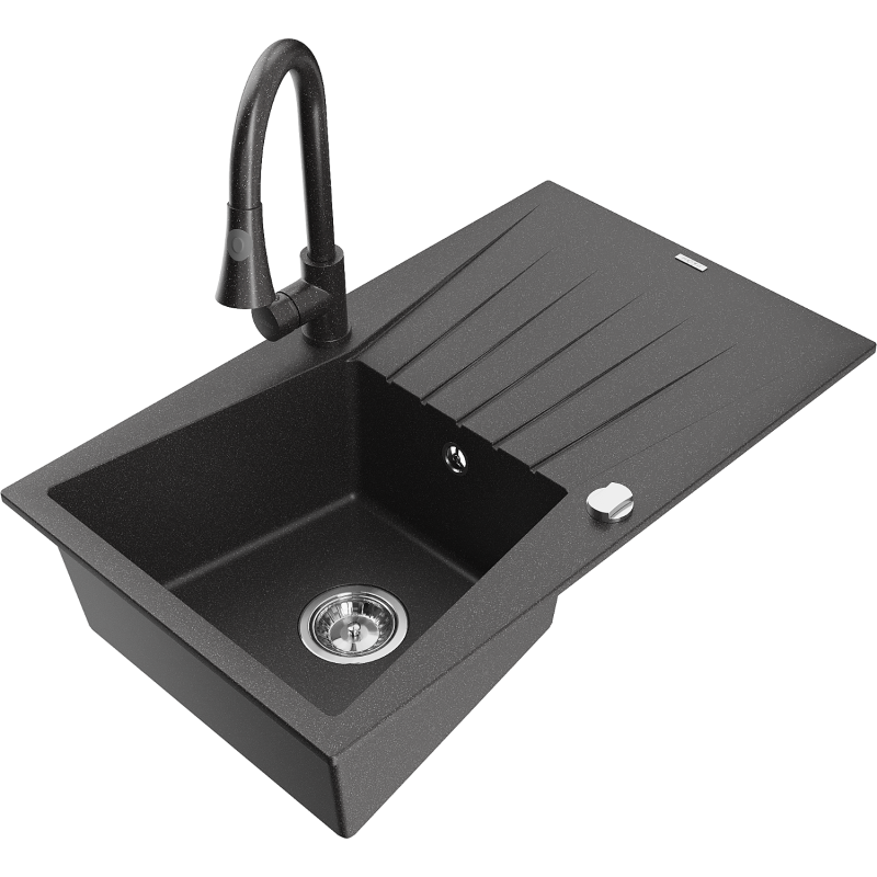 Mexen Cesar granitový dřez s jednou komorou a odkapávačem a kuchyňskou baterií Elia, černý s postříkáním - 6514-76-670101-76
