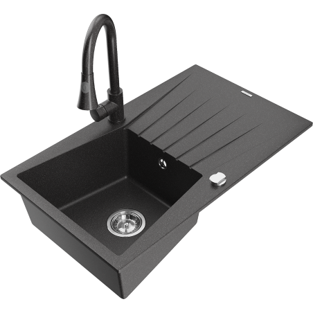 Mexen Cesar granitový dřez s jednou komorou a odkapávačem a kuchyňskou baterií Elia, černý s postříkáním - 6514-76-670101-76