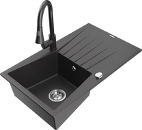 Mexen Cesar granitový dřez s jednou komorou a odkapávačem a kuchyňskou baterií Elia, černý s postříkáním - 6514-76-670101-76