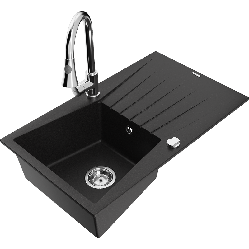 Mexen Cesar granitový dřez 1-komorový s odkapávačem a kuchyňskou baterií Elia, černý - 6514-77-670101-00