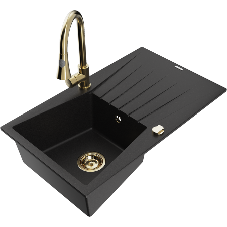 Mexen Cesar granitový dřez 1-komorový s odkapávačem a kuchyňskou baterií Elia, černý - 6514-77-670101-50