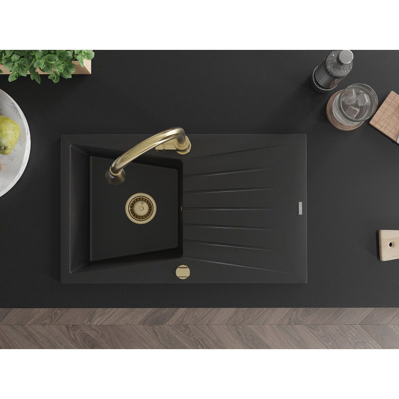 Mexen Cesar granitový dřez 1-komorový s odkapávačem a kuchyňskou baterií Elia, černý - 6514-77-670101-50
