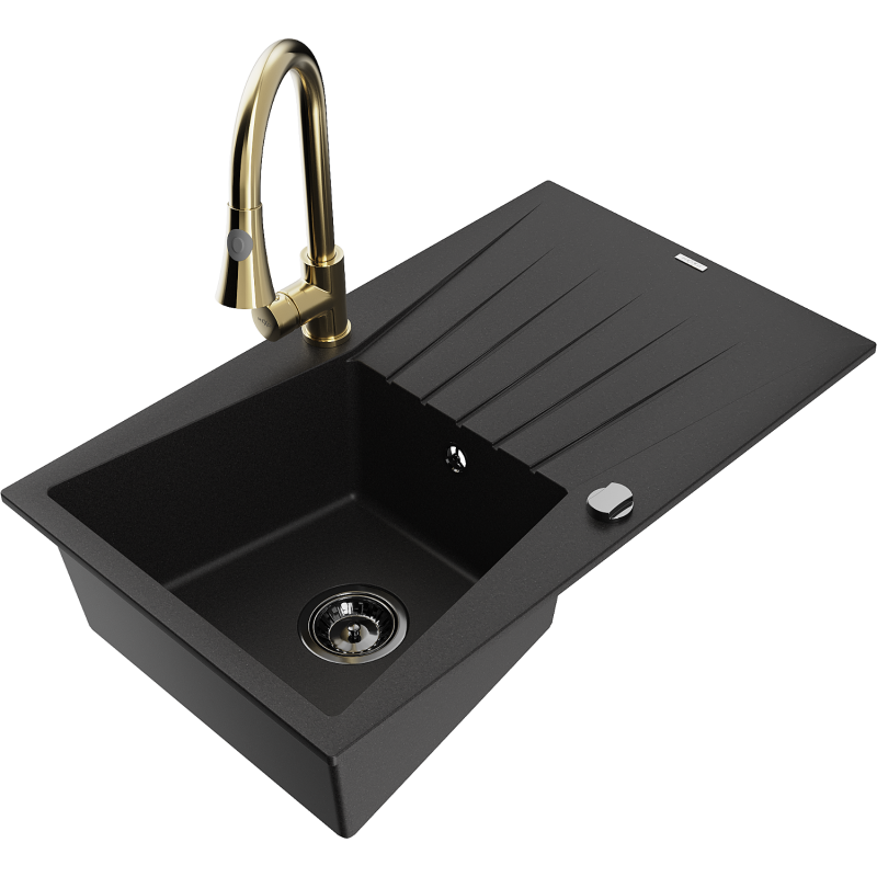Mexen Cesar granitový dřez 1-komorový s odkapávačem a kuchyňskou baterií Elia, černý - 6514-77-670101-50-B