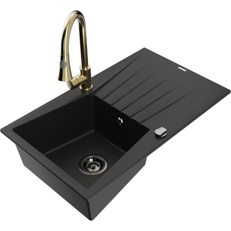Mexen Cesar granitový dřez 1-komorový s odkapávačem a kuchyňskou baterií Elia, černý - 6514-77-670101-50-B