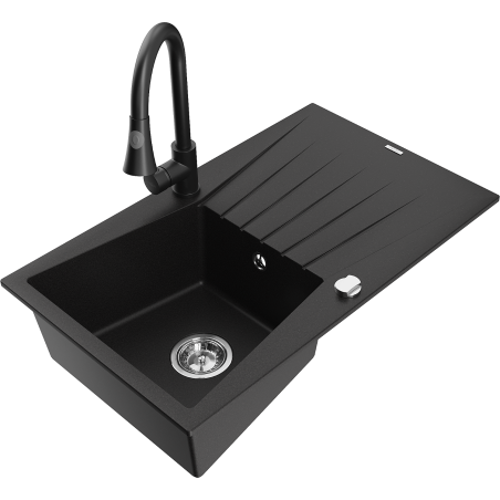 Mexen Cesar granitový dřez 1-komorový s odkapávačem a kuchyňskou baterií Elia, černý - 6514-77-670101-70