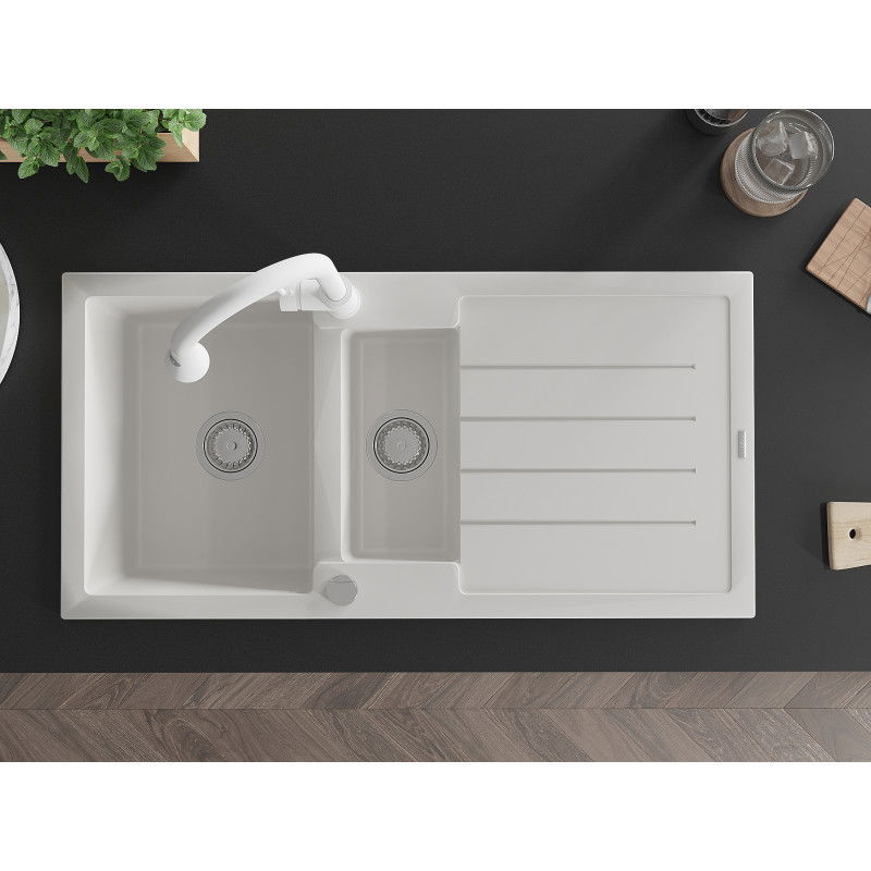 Mexen Andres granitový dřez s 1,5 komorami, odkapávačem a kuchyňskou baterií Elia, bílý - 6515-20-670101-20