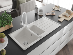 Mexen Andres granitový dřez s 1,5 komorami, odkapávačem a kuchyňskou baterií Elia, bílý - 6515-20-670101-20