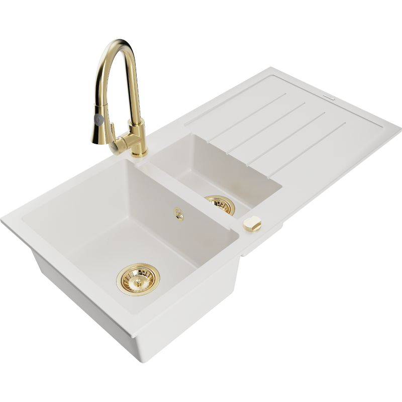 Mexen Andres dřez z granitu 1,5-komorový s odkapávačem a kuchyňskou baterií Elia, bílý - 6515-20-670101-50