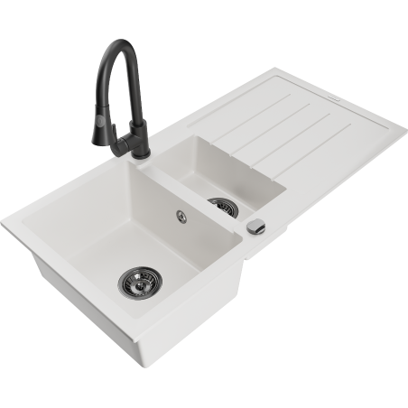 Mexen Andres granitový dřez 1,5-komorový s odkapávačem a kuchyňskou baterií Elia, bílý - 6515-20-670101-70
