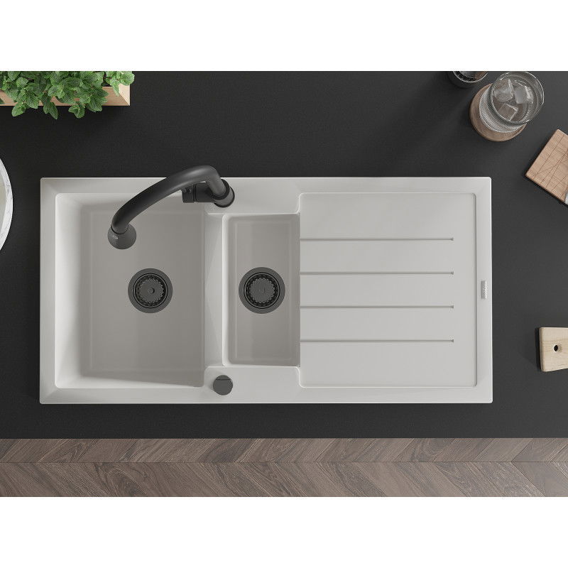 Mexen Andres granitový dřez 1,5-komorový s odkapávačem a kuchyňskou baterií Elia, bílý - 6515-20-670101-70