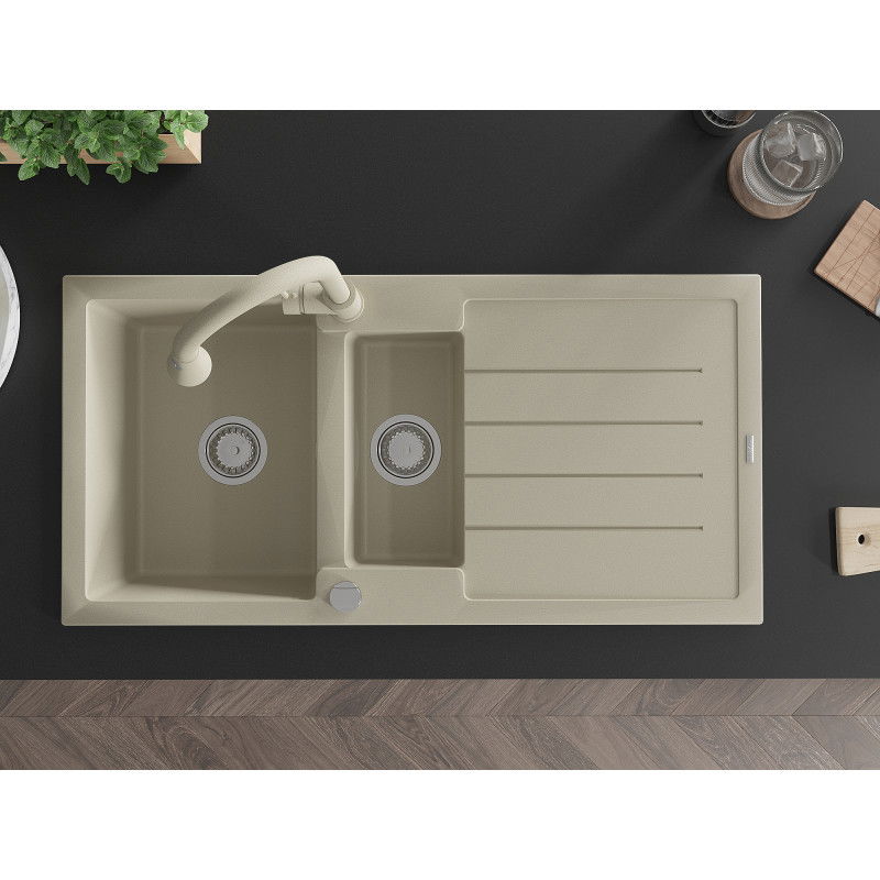 Mexen Andres žulový dřez s 1,5 komorami, odkapávačem a kuchyňskou baterií Elia, béžový - 6515-69-670101-69