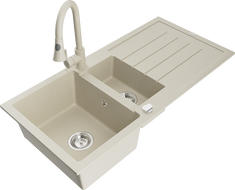 Mexen Andres žulový dřez s 1,5 komorami, odkapávačem a kuchyňskou baterií Elia, béžový - 6515-69-670101-69
