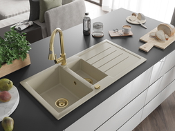 Mexen Andres žulový dřez 1,5 komorový s odkapávačem a kuchyňskou baterií Elia, béžový - 6515-69-670101-50