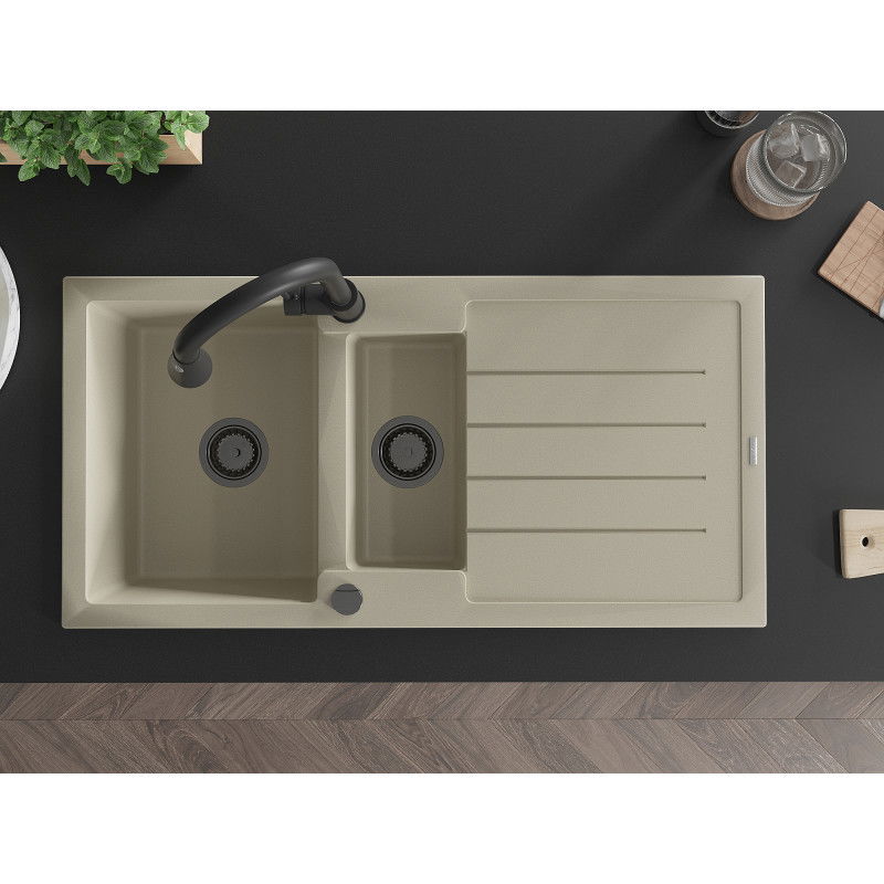 Mexen Andres granitový dřez 1,5-komorový s odkapávačem a kuchyňským kohoutkem Elia, béžový - 6515-69-670101-70