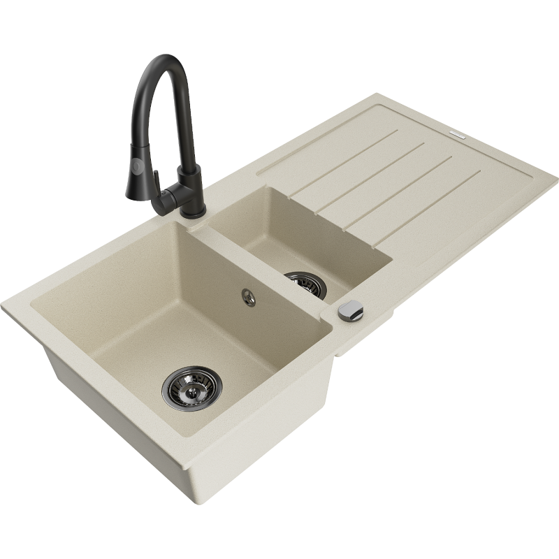 Mexen Andres granitový dřez 1,5-komorový s odkapávačem a kuchyňským kohoutkem Elia, béžový - 6515-69-670101-70