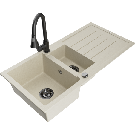 Mexen Andres granitový dřez 1,5-komorový s odkapávačem a kuchyňským kohoutkem Elia, béžový - 6515-69-670101-70