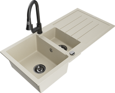 Mexen Andres granitový dřez 1,5-komorový s odkapávačem a kuchyňským kohoutkem Elia, béžový - 6515-69-670101-70
