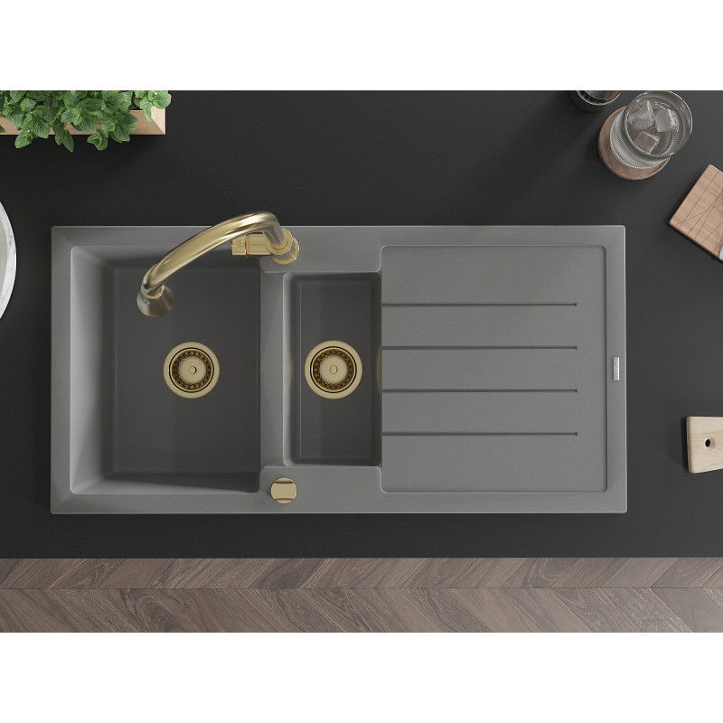 Mexen Andres granitový dřez 1,5 komory s odkapávačem a kuchyňskou baterií Elia, šedý - 6515-71-670101-50