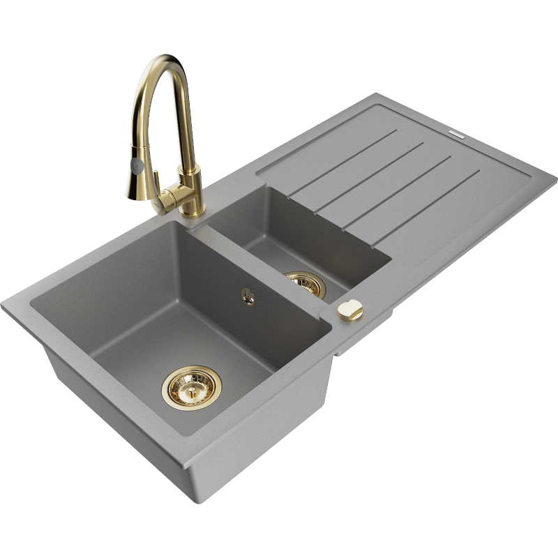 Mexen Andres granitový dřez 1,5 komory s odkapávačem a kuchyňskou baterií Elia, šedý - 6515-71-670101-50