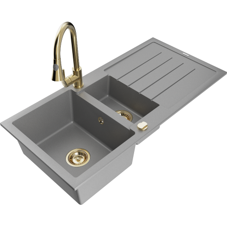 Mexen Andres granitový dřez 1,5 komory s odkapávačem a kuchyňskou baterií Elia, šedý - 6515-71-670101-50