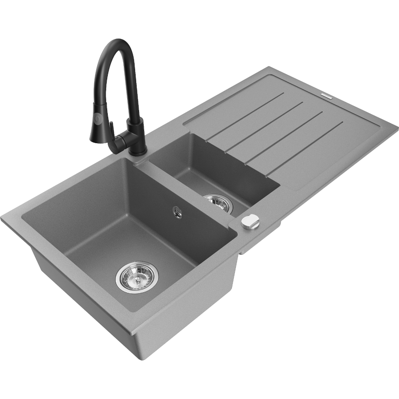 Mexen Andres granitový dřez 1,5-komorový s odkapávačem a kuchyňskou baterií Elia, šedý - 6515-71-670101-70
