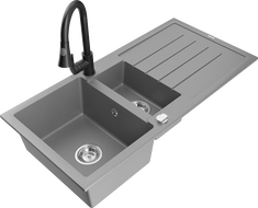 Mexen Andres granitový dřez 1,5-komorový s odkapávačem a kuchyňskou baterií Elia, šedý - 6515-71-670101-70
