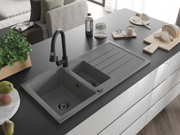 Mexen Andres dřez granitový 1,5-komorový s odkapávačem a kuchyňskou baterií Elia, šedý - 6515-71-670101-70-B