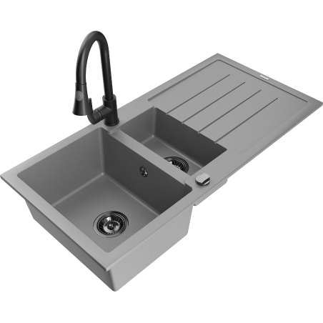 Mexen Andres dřez granitový 1,5-komorový s odkapávačem a kuchyňskou baterií Elia, šedý - 6515-71-670101-70-B