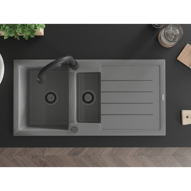 Mexen Andres dřez granitový 1,5-komorový s odkapávačem a kuchyňskou baterií Elia, šedý - 6515-71-670101-70-B