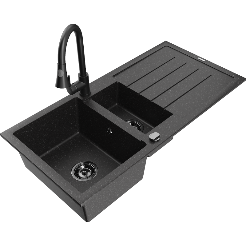 Mexen Andres žulový dřez 1,5-komorový s odkapávačem a kuchyňskou baterií Elia, černý/stříbrný - 6515-73-670101-70-B
