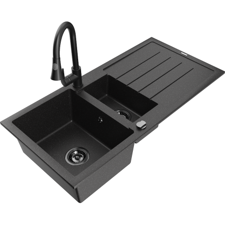 Mexen Andres žulový dřez 1,5-komorový s odkapávačem a kuchyňskou baterií Elia, černý/stříbrný - 6515-73-670101-70-B