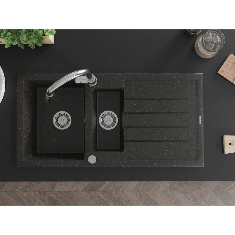 Mexen Andres granitový dřez 1,5-komorový s odkapávačem a kuchyňskou baterií Elia, černý/zlatý metalik - 6515-75-670101-00