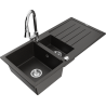 Mexen Andres granitový dřez 1,5-komorový s odkapávačem a kuchyňskou baterií Elia, černý/zlatý metalik - 6515-75-670101-00
