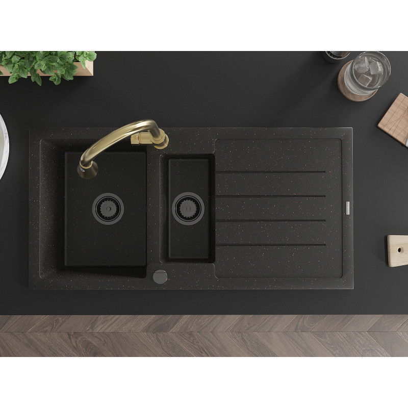 Mexen Andres žulový dřez 1,5-komorový s odkapávačem a kuchyňskou baterií Elia, černý/zlatý metalický - 6515-75-670101-50-B