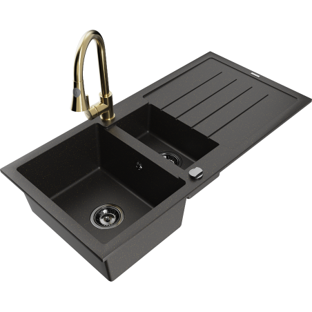 Mexen Andres žulový dřez 1,5-komorový s odkapávačem a kuchyňskou baterií Elia, černý/zlatý metalický - 6515-75-670101-50-B