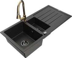 Mexen Andres žulový dřez 1,5-komorový s odkapávačem a kuchyňskou baterií Elia, černý/zlatý metalický - 6515-75-670101-50-B