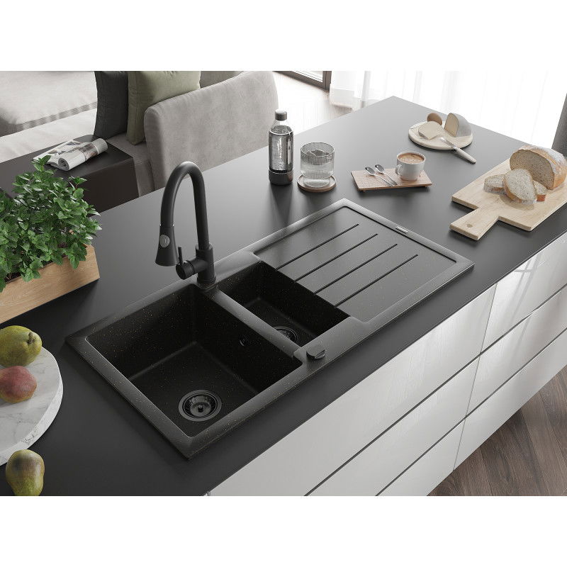 Mexen Andres granitový dřez 1,5-komorový s odkapávačem a kuchyňskou baterií Elia, černý/zlatý metalic - 6515-75-670101-70-B