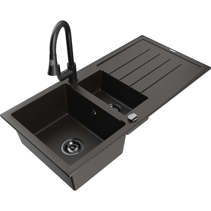 Mexen Andres granitový dřez 1,5-komorový s odkapávačem a kuchyňskou baterií Elia, černý/zlatý metalic - 6515-75-670101-70-B