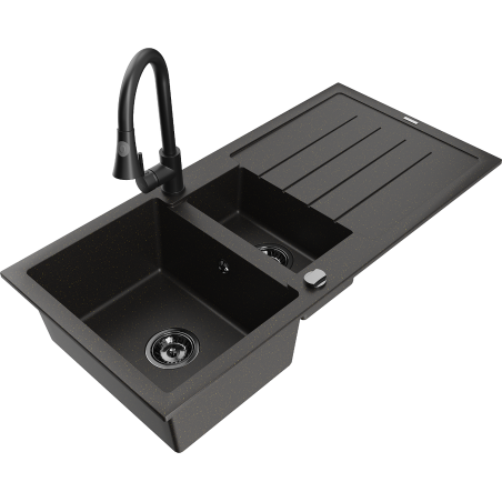 Mexen Andres granitový dřez 1,5-komorový s odkapávačem a kuchyňskou baterií Elia, černý/zlatý metalic - 6515-75-670101-70-B