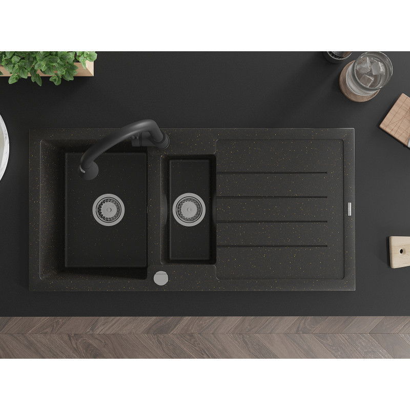 Mexen Andres granitový dřez 1,5-komorový s odkapávačem a kuchyňskou baterií Elia, černý/zlatý metalik - 6515-75-670101-70