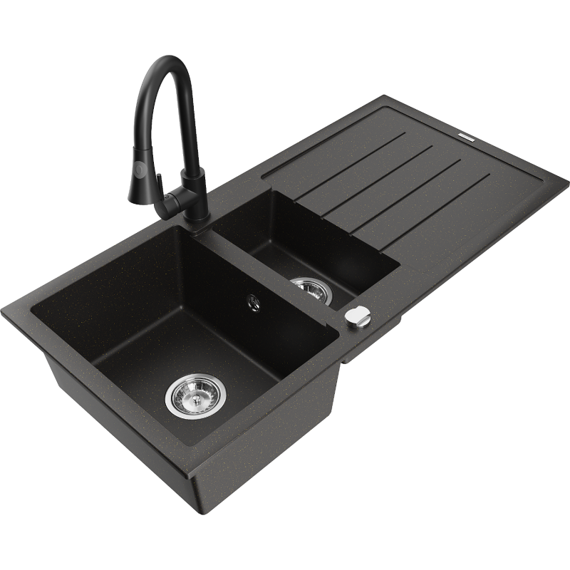 Mexen Andres granitový dřez 1,5-komorový s odkapávačem a kuchyňskou baterií Elia, černý/zlatý metalik - 6515-75-670101-70