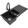 Mexen Andres granitový dřez 1,5-komorový s odkapávačem a kuchyňskou baterií Elia, černý/zlatý metalik - 6515-75-670101-70