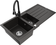 Mexen Andres granitový dřez 1,5-komorový s odkapávačem a kuchyňskou baterií Elia, černý/zlatý metalik - 6515-75-670101-70