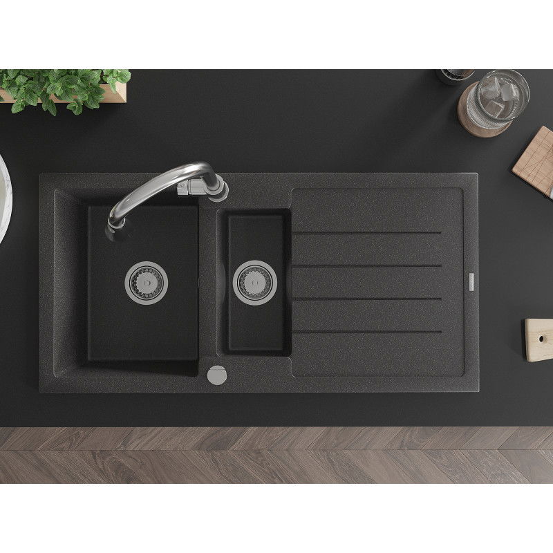 Mexen Andres granitový dřez 1,5komorový s odkapávačem a kuchyňskou baterií Elia, černý se skvrnami - 6515-76-670101-00