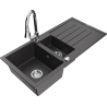 Mexen Andres granitový dřez 1,5komorový s odkapávačem a kuchyňskou baterií Elia, černý se skvrnami - 6515-76-670101-00