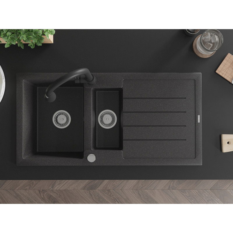 Mexen Andres granitový dřez 1,5-komorový s odkapávačem a kuchyňskou baterií Elia, černý s tečkami - 6515-76-670101-70