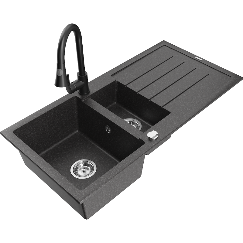 Mexen Andres granitový dřez 1,5-komorový s odkapávačem a kuchyňskou baterií Elia, černý s tečkami - 6515-76-670101-70