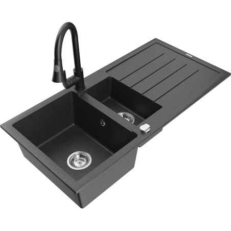 Mexen Andres granitový dřez 1,5-komorový s odkapávačem a kuchyňskou baterií Elia, černý s tečkami - 6515-76-670101-70